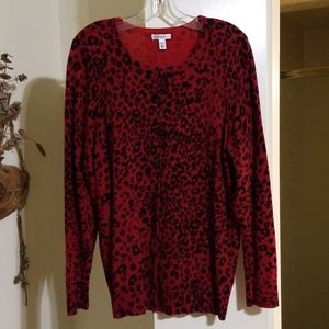 2X red leopard print cotton long sleeve cardigan